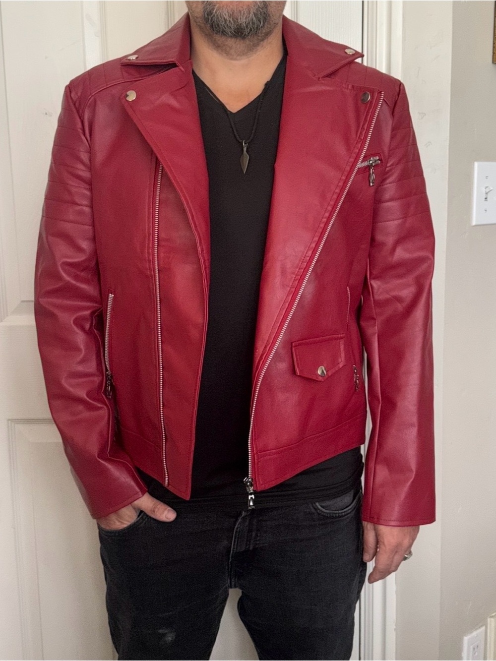 Men's Red Leather Biker Jacket - Classic Asymmetrical Zip